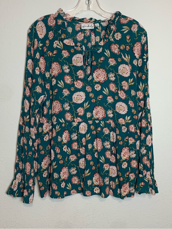 Wonderly Tops - Wonderly Teal Floral Long-Sleeve Ruffle Peasant Blouse Large Rayon Lightweight
